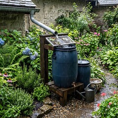 Obraz premium Old green metal watering can in garden setting.
