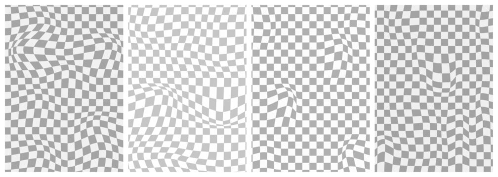 Various gray and white checkered patterns with warped squares creating a sense of depth and visual distortion in multiple sections