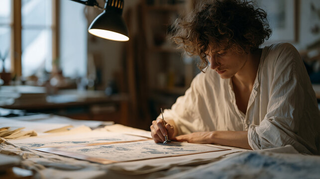 Etching artist hunched over a copper plate in a printmaking studio, using a steel burin under a focused task light, fine art printmaking, solitary creative work, texture and