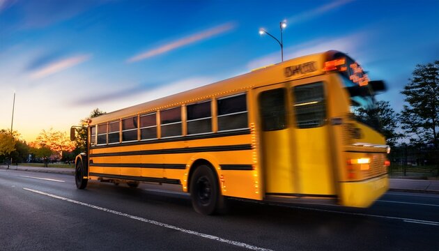 a yellow school bus moves on a city street at dusk with a motion blur effect