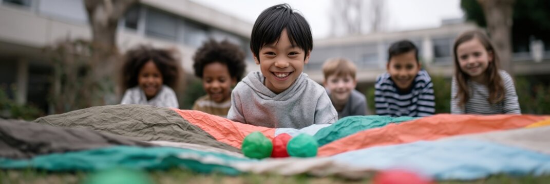 Smiling child leading a group game with a multicolored parachute and soft balls for playful banner background and school activity poster