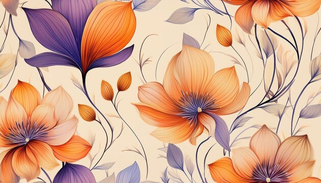 seamless pattern of delicate flowers in soft orange and purple hues with thin stems on a light cream background