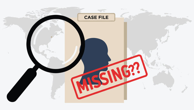 Detective case file of a missing person under a large magnifying glass against a dark gray world map background.