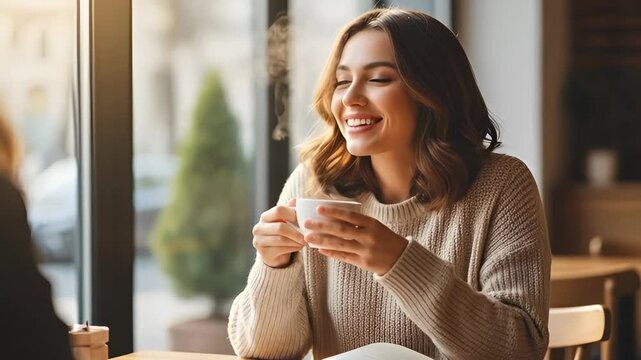 Woman drinking hot coffee in cafe. Young lady sitting at table near window enjoying beverage. Relaxed leisure time, morning routine, lifestyle and resting concept.