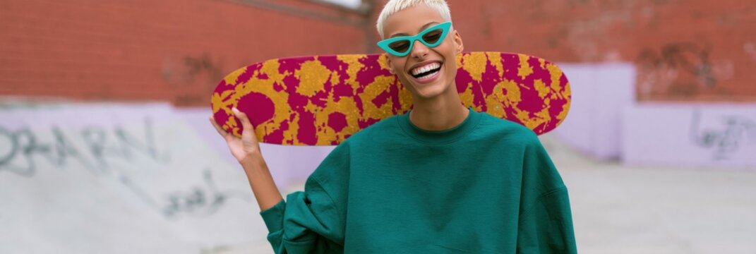 Smiling young woman skateboarder at a graffiti skatepark holding a colorful deck wearing green sweatshirt and teal sunglasses for urban portrait background and banner design