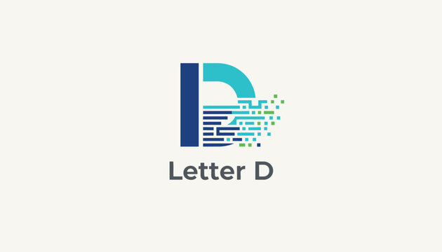 Digital technology logo design featuring the letter D with pixelated green and blue data blocks on a light cream background.