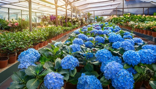 beautiful blue hydrangea flowers and potted plants in a garden center