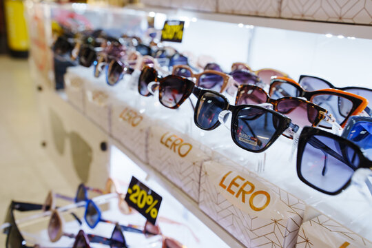 2026.07.06, Russia. Display stand of colorful Lero sunglasses in a store