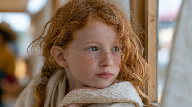 A redhead girl with freckles pressing her face against a beehive observation window at an apiary, child perspective, wide-eyed curiosity, agricultural education, pollinators,