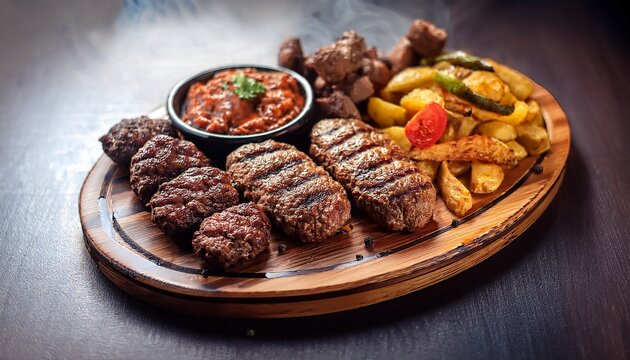 traditional balkan kebapche and cevapcici minced meat grilled to perfection served hot with rustic wooden platter authentic southeast european cuisine and street food specialty