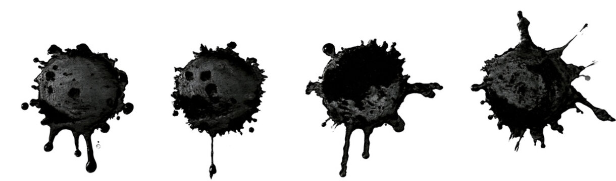 Black ink splashes and paint blots on transparent background PNG