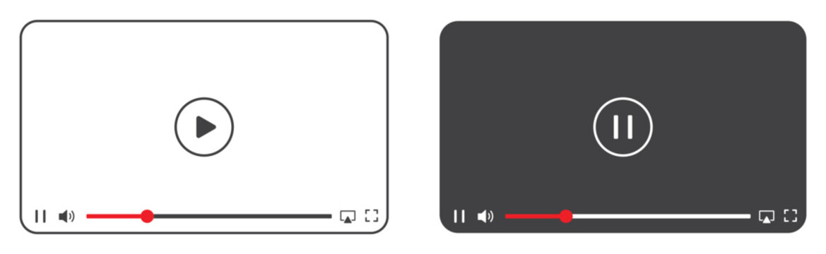 Minimalist vector video player interface template set with play and pause screens for modern website designs and mobile application interfaces