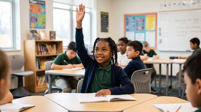 Engaged African American girl raising her hand during primary school lesson in bright classroom. Diverse elementary students sitting at desks with books near shelves in a modern academy room.