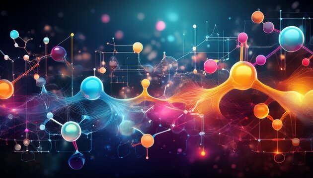 vibrant abstract chemistry background with molecular structures and colorful reactions for science concept design