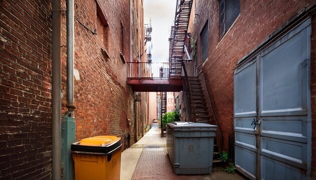 a narrow alleyway with a dumpster and a fire escape