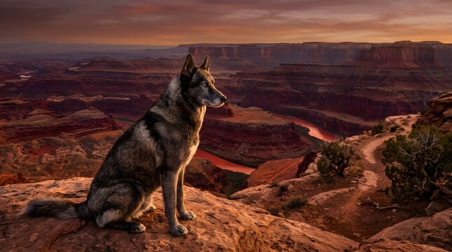 High quality digital rendering of a wolf dog standing on a scenic red canyon cliff at sunset. This majestic image is ideal for outdoor ads, travel campaigns, and background wallpaper.