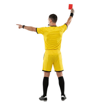 Soccer referee showing red card and pointing away