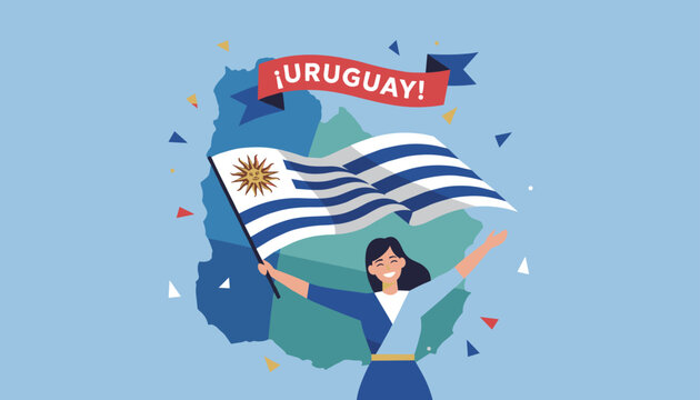 Uruguayan independence day celebration with smiling woman holding national flag over map background, vector.