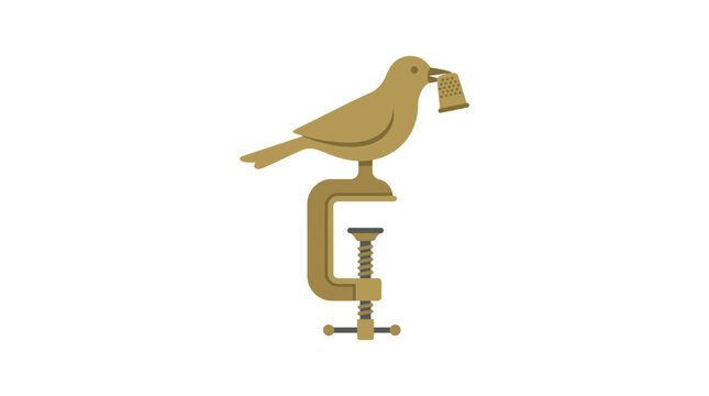 Bird holding thimble on clamp, symbol of creativity, craft, and ingenuity