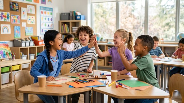 Happy diverse group of elementary school children laughing and giving high fives while working on colorful art projects together at wooden desks in a bright, sunny, modern classroom setting.