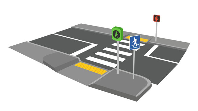 Pedestrian crossing with traffic signals and signs, urban intersection