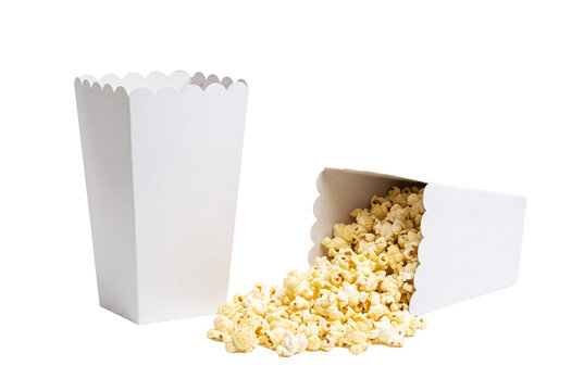 Spilled popcorn from a blank white cinema bucket mockup