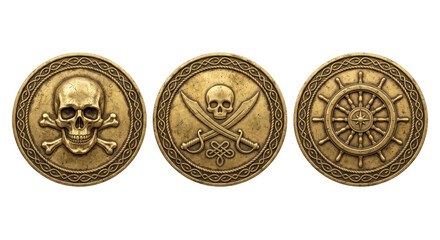 Fototapeta premium Golden pirate coins with skull and crossbones