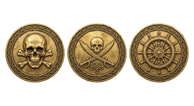 Golden pirate coins with skull and crossbones