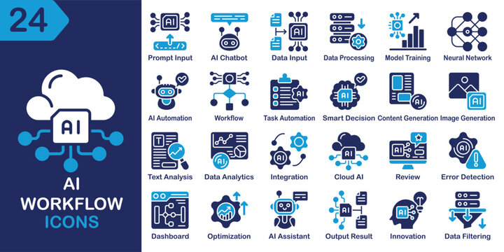 AI Workflow solid icons collection. Containing workflow, automation, process, prompt, data, model and more. Solid vector icons collection. Vector Illustration.