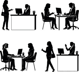 Fototapeta premium Vector silhouette collection shows businesswomen in office communication scenes with reception assistance, professional consultation, workplace meeting, and customer service support.
