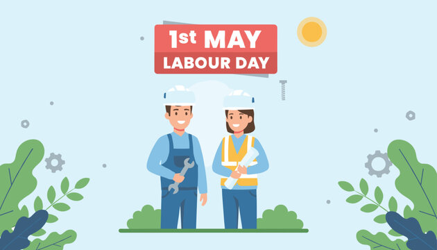 Two professional male and female construction workers standing in safety gear under First May Labour Day banner.