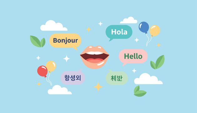 Open human mouth speaking different international languages greetings including hello and bonjour in bubble speech.