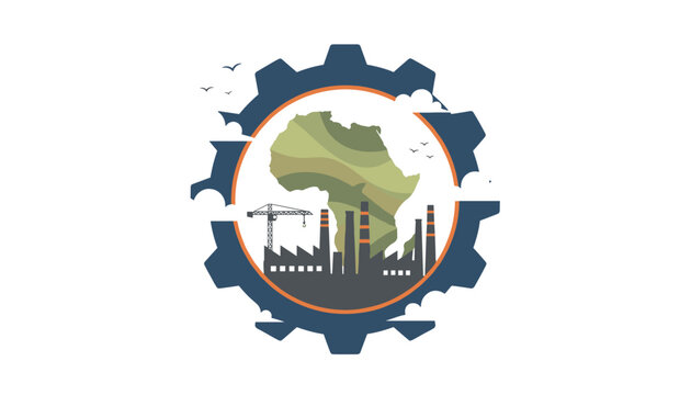 Industrial development logo showing map of Africa inside giant gear wheel with factory chimney and working crane.