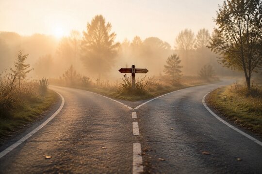 A single road splitting into two paths at a crossroads with soft morning mist and symbolic choice.