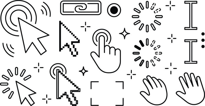 Computer Mouse Cursor and Loading Progress Bar Icon Set with Pixel Arrow Hand Clicker and Text Selector Symbols for User Interface Interface Designs