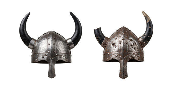 Medieval warrior horned helmets set isolated