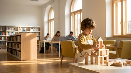 Fototapeta premium Child wooden block play learning preschool classroom education toy building creativity Adult learners study bright library classroom while child stack wooden block table, focused hands building