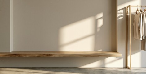 Fototapeta premium Minimalist interior with clothing rack and sunlight shadows