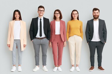 Obraz premium Professional diverse team of five standing in smart casual outfits for corporate banner and business team portrait background