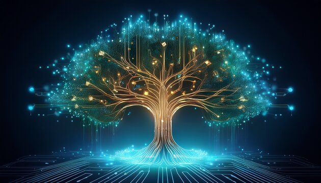 abstract glowing circuit tree symbolizing technology growth and network connections in dark background