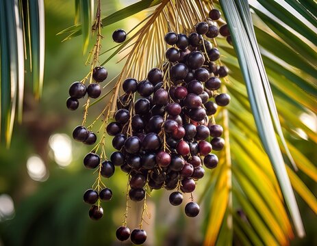 close up of ripe acai berries hanging from a palm tree acai berries fruit antioxidants organic superfood healthy tropical
