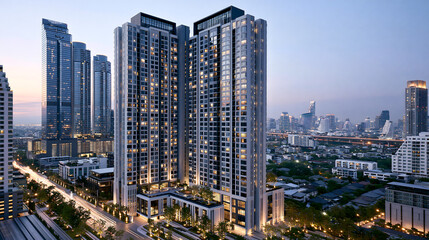 Naklejka premium Balanced Warm and Cool Light Over Urban Skyline During Twilight with Modern Architecture and City Life
