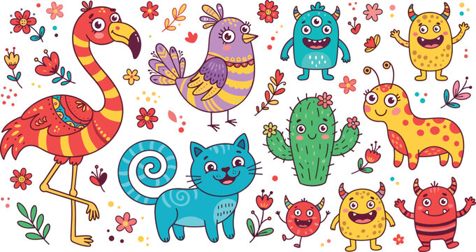 Cute cartoon animals and monsters vector character set featuring flamingo cat bird cactus and colorful creatures isolated on white background