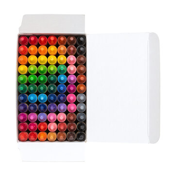 Open box of colorful crayons arranged in a rainbow gradient