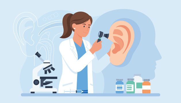 Audiologist examining a large ear model using an otoscope in a medical laboratory with research equipment.