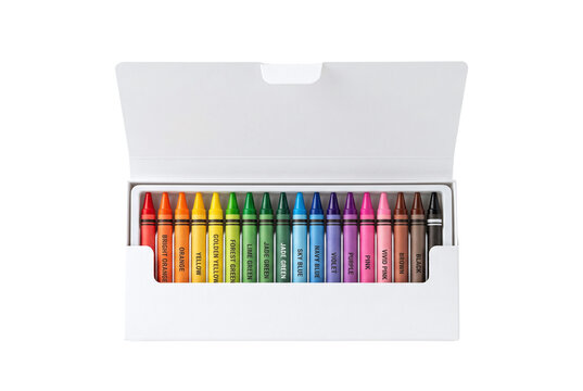 Open white box containing a row of colorful crayons.