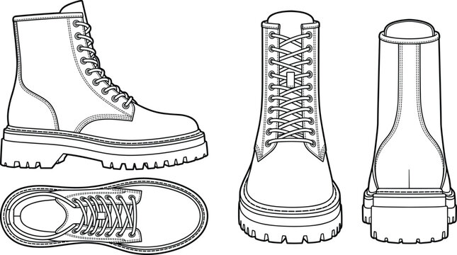 Black and White Line Art Vector Illustration of Combat Boots Set for Coloring Pages