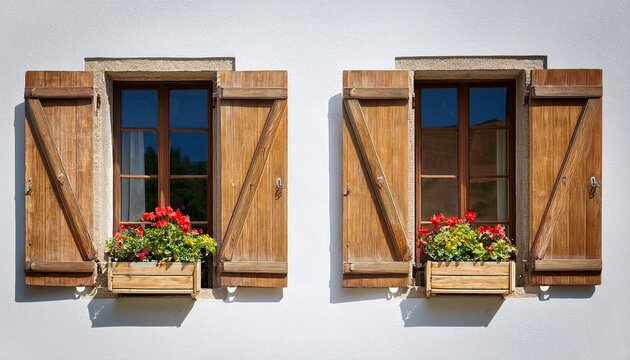two wooden shutters open on a white wall revealing windows with flower boxes