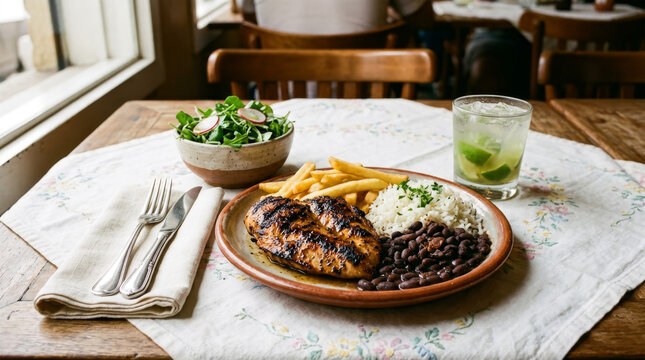 fil&eacute; de frango grelhado, arroz, feij&atilde;o preto, batata frita, salada e caipirinha em mesa de restaurante