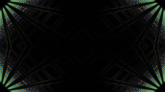Blue and Yellow Neon Light Squares in Grille Kaleidoscope Background VJ Loop in 4K